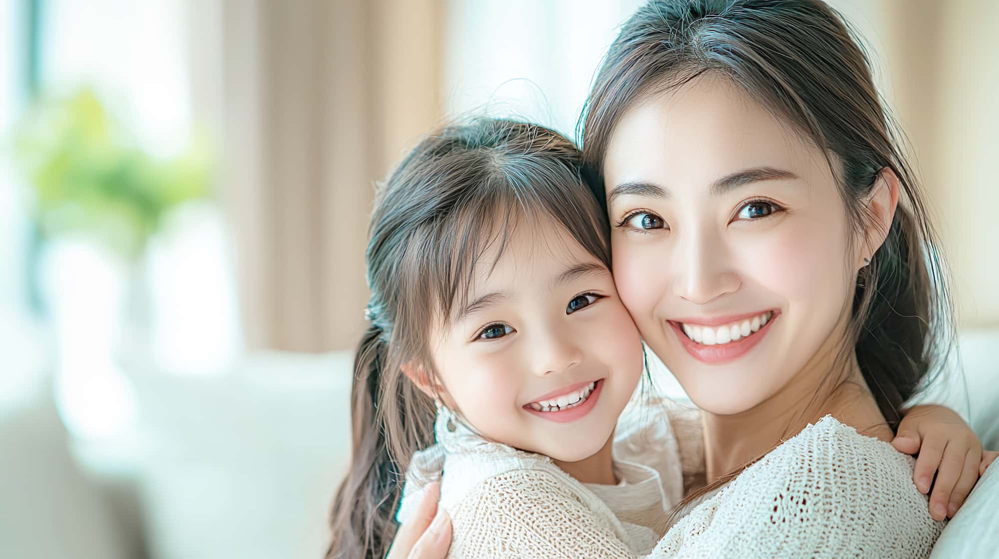 床矯正で美しい歯並びになった子どもを抱いた笑顔の母親