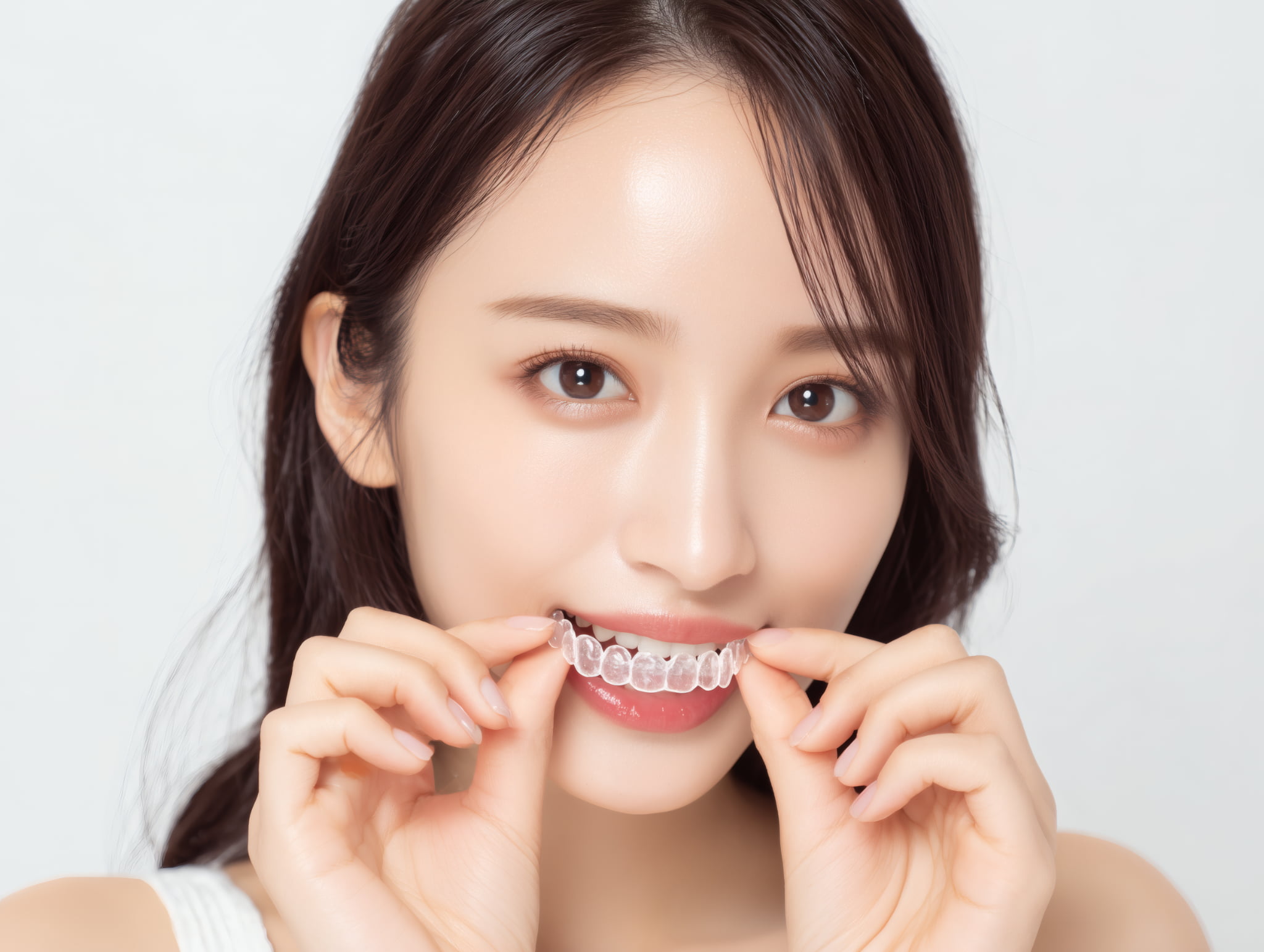 マウスピース型矯正の治療をする女性